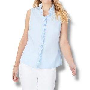 FOXCROFT Gwen Ruffle Non-Iron Stretch Button-Up Sleeveless Shirt Blue Whisper 18